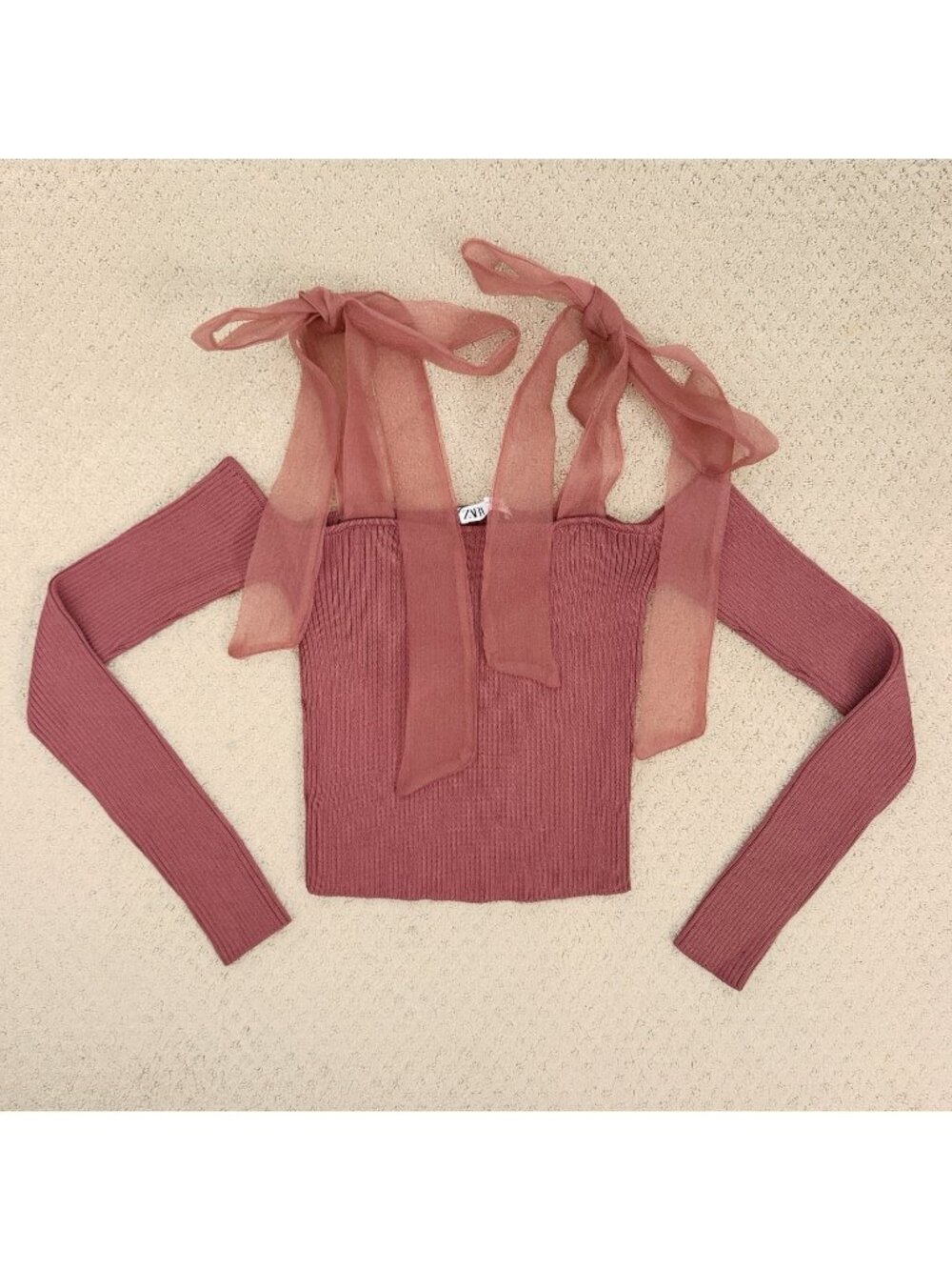 NEW Zara Pink Long Sleeve Organza Shoulder Ribbon Tie Sweater Top Women’s Large